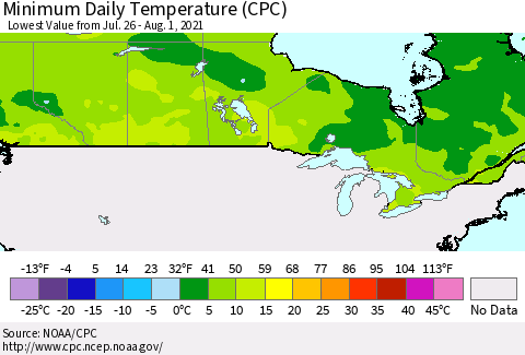 Canada Minimum Daily Temperature (CPC) Thematic Map For 7/26/2021 - 8/1/2021