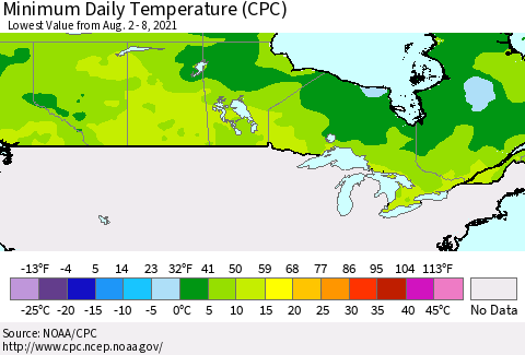 Canada Minimum Daily Temperature (CPC) Thematic Map For 8/2/2021 - 8/8/2021