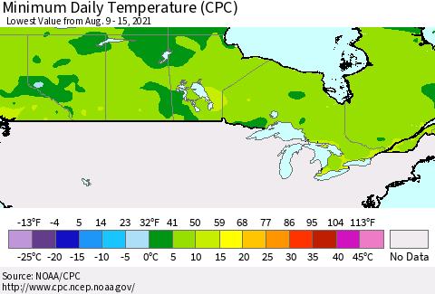 Canada Minimum Daily Temperature (CPC) Thematic Map For 8/9/2021 - 8/15/2021