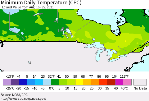 Canada Minimum Daily Temperature (CPC) Thematic Map For 8/16/2021 - 8/22/2021