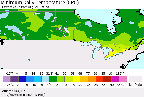 Canada Minimum Daily Temperature (CPC) Thematic Map For 8/23/2021 - 8/29/2021