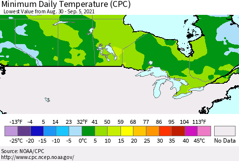 Canada Minimum Daily Temperature (CPC) Thematic Map For 8/30/2021 - 9/5/2021