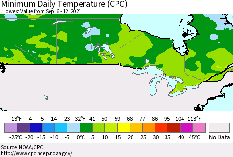 Canada Minimum Daily Temperature (CPC) Thematic Map For 9/6/2021 - 9/12/2021