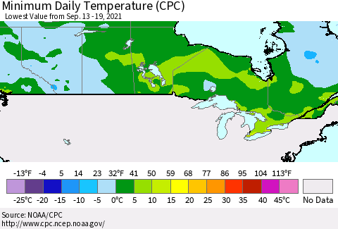 Canada Minimum Daily Temperature (CPC) Thematic Map For 9/13/2021 - 9/19/2021