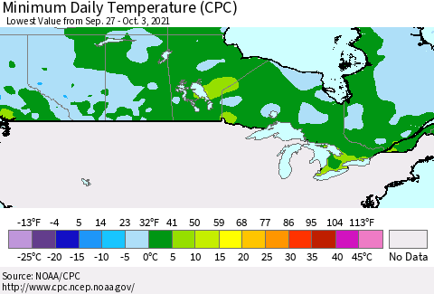 Canada Minimum Daily Temperature (CPC) Thematic Map For 9/27/2021 - 10/3/2021