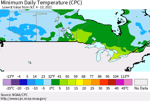 Canada Minimum Daily Temperature (CPC) Thematic Map For 10/4/2021 - 10/10/2021
