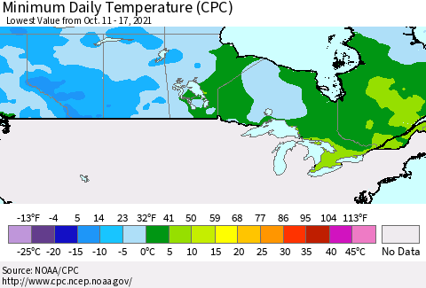 Canada Minimum Daily Temperature (CPC) Thematic Map For 10/11/2021 - 10/17/2021