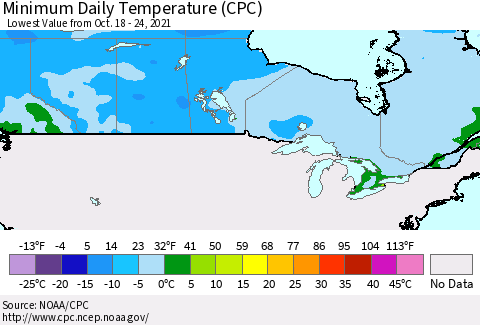 Canada Minimum Daily Temperature (CPC) Thematic Map For 10/18/2021 - 10/24/2021