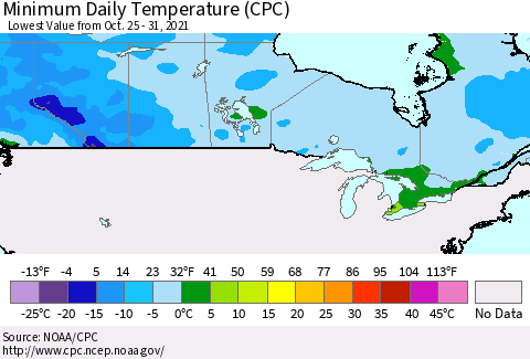 Canada Minimum Daily Temperature (CPC) Thematic Map For 10/25/2021 - 10/31/2021