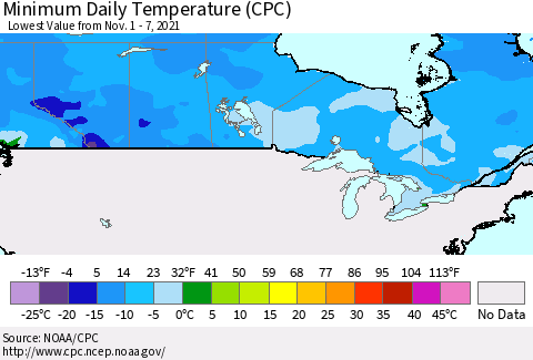 Canada Minimum Daily Temperature (CPC) Thematic Map For 11/1/2021 - 11/7/2021