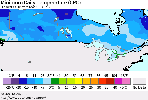 Canada Minimum Daily Temperature (CPC) Thematic Map For 11/8/2021 - 11/14/2021