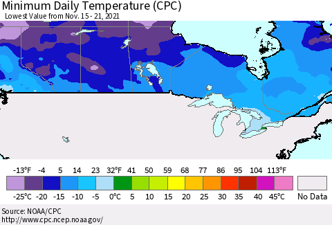 Canada Minimum Daily Temperature (CPC) Thematic Map For 11/15/2021 - 11/21/2021