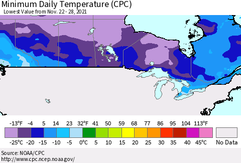 Canada Minimum Daily Temperature (CPC) Thematic Map For 11/22/2021 - 11/28/2021