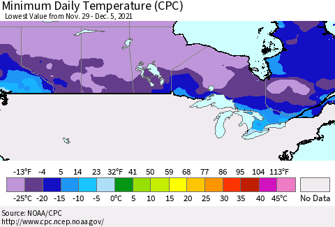 Canada Minimum Daily Temperature (CPC) Thematic Map For 11/29/2021 - 12/5/2021