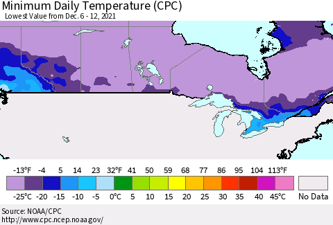 Canada Minimum Daily Temperature (CPC) Thematic Map For 12/6/2021 - 12/12/2021