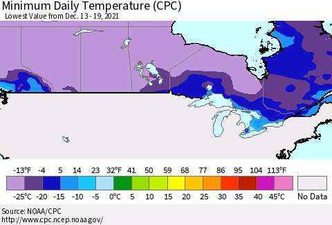 Canada Minimum Daily Temperature (CPC) Thematic Map For 12/13/2021 - 12/19/2021