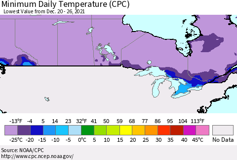 Canada Minimum Daily Temperature (CPC) Thematic Map For 12/20/2021 - 12/26/2021