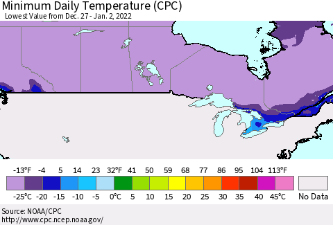 Canada Minimum Daily Temperature (CPC) Thematic Map For 12/27/2021 - 1/2/2022