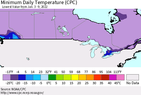 Canada Minimum Daily Temperature (CPC) Thematic Map For 1/3/2022 - 1/9/2022
