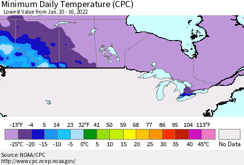 Canada Minimum Daily Temperature (CPC) Thematic Map For 1/10/2022 - 1/16/2022