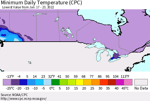 Canada Minimum Daily Temperature (CPC) Thematic Map For 1/17/2022 - 1/23/2022