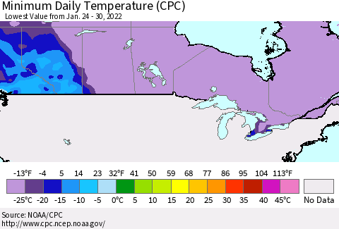 Canada Minimum Daily Temperature (CPC) Thematic Map For 1/24/2022 - 1/30/2022