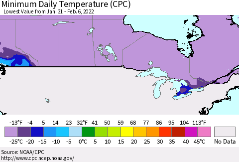 Canada Minimum Daily Temperature (CPC) Thematic Map For 1/31/2022 - 2/6/2022