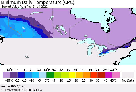 Canada Minimum Daily Temperature (CPC) Thematic Map For 2/7/2022 - 2/13/2022