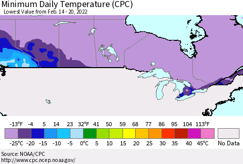 Canada Minimum Daily Temperature (CPC) Thematic Map For 2/14/2022 - 2/20/2022