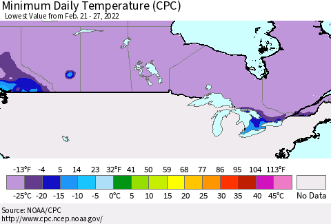 Canada Minimum Daily Temperature (CPC) Thematic Map For 2/21/2022 - 2/27/2022