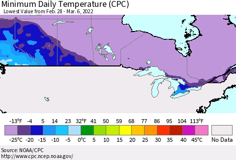 Canada Minimum Daily Temperature (CPC) Thematic Map For 2/28/2022 - 3/6/2022