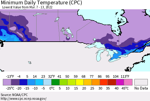 Canada Minimum Daily Temperature (CPC) Thematic Map For 3/7/2022 - 3/13/2022