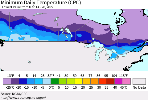 Canada Minimum Daily Temperature (CPC) Thematic Map For 3/14/2022 - 3/20/2022