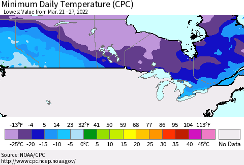 Canada Minimum Daily Temperature (CPC) Thematic Map For 3/21/2022 - 3/27/2022