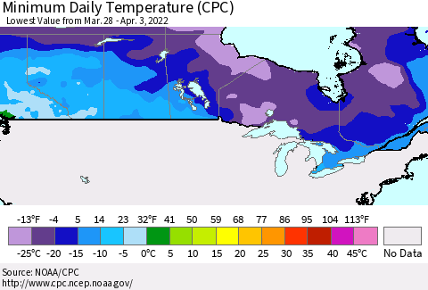 Canada Minimum Daily Temperature (CPC) Thematic Map For 3/28/2022 - 4/3/2022