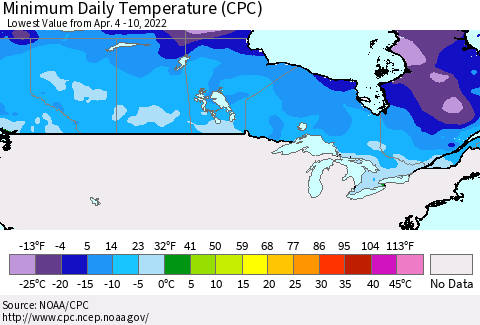 Canada Minimum Daily Temperature (CPC) Thematic Map For 4/4/2022 - 4/10/2022