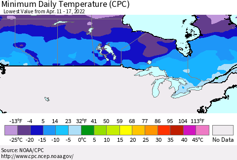 Canada Minimum Daily Temperature (CPC) Thematic Map For 4/11/2022 - 4/17/2022