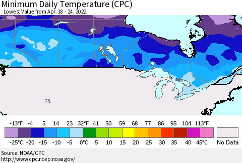 Canada Minimum Daily Temperature (CPC) Thematic Map For 4/18/2022 - 4/24/2022