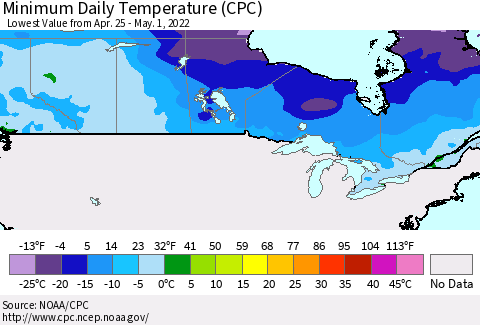Canada Minimum Daily Temperature (CPC) Thematic Map For 4/25/2022 - 5/1/2022