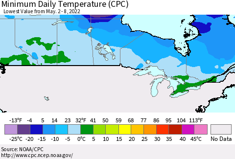 Canada Minimum Daily Temperature (CPC) Thematic Map For 5/2/2022 - 5/8/2022