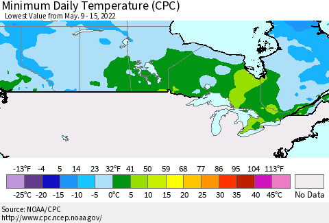 Canada Minimum Daily Temperature (CPC) Thematic Map For 5/9/2022 - 5/15/2022