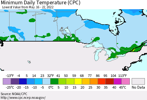 Canada Minimum Daily Temperature (CPC) Thematic Map For 5/16/2022 - 5/22/2022