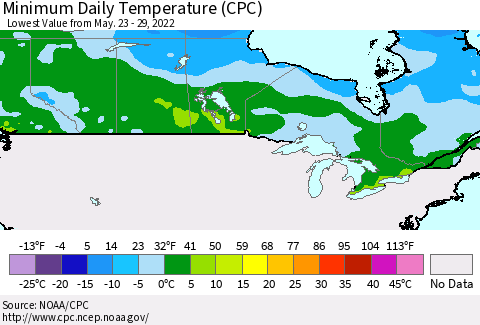 Canada Minimum Daily Temperature (CPC) Thematic Map For 5/23/2022 - 5/29/2022