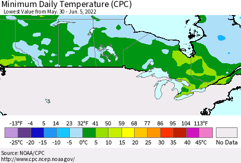 Canada Minimum Daily Temperature (CPC) Thematic Map For 5/30/2022 - 6/5/2022