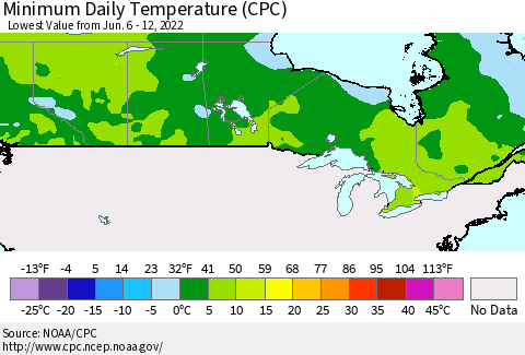 Canada Minimum Daily Temperature (CPC) Thematic Map For 6/6/2022 - 6/12/2022