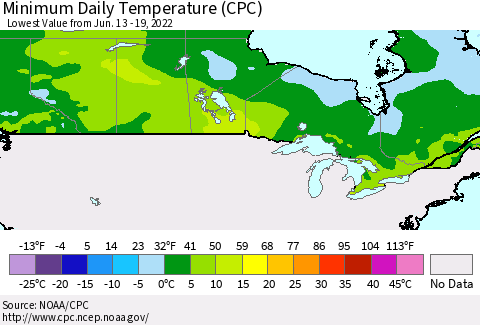 Canada Minimum Daily Temperature (CPC) Thematic Map For 6/13/2022 - 6/19/2022