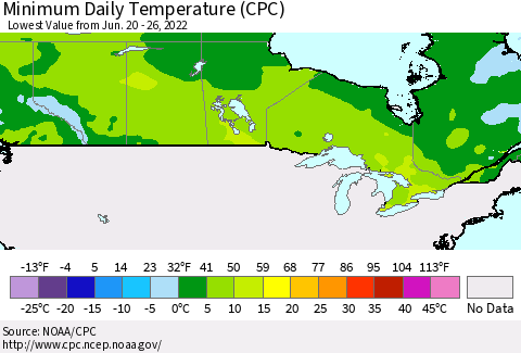 Canada Minimum Daily Temperature (CPC) Thematic Map For 6/20/2022 - 6/26/2022