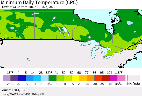 Canada Minimum Daily Temperature (CPC) Thematic Map For 6/27/2022 - 7/3/2022