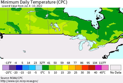 Canada Minimum Daily Temperature (CPC) Thematic Map For 7/4/2022 - 7/10/2022