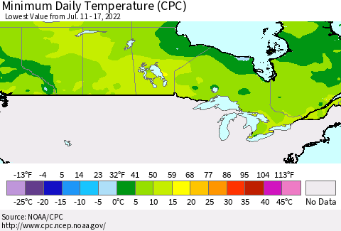 Canada Minimum Daily Temperature (CPC) Thematic Map For 7/11/2022 - 7/17/2022